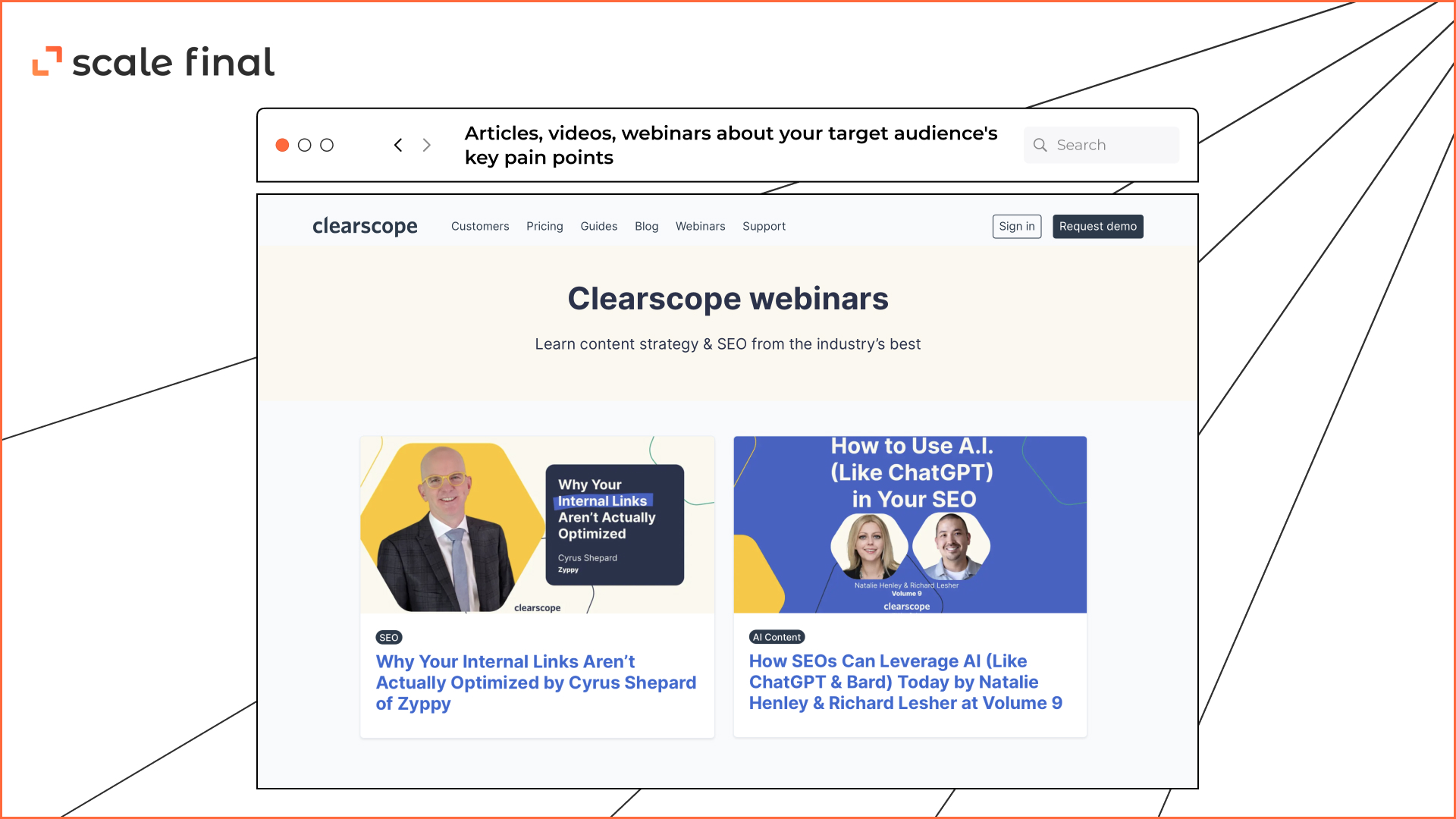 Articles, videos, webinars about your target audience's key pain points. Clearscope webinars