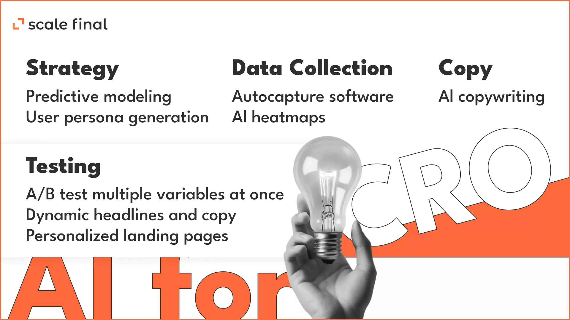 AI for CRO AI for Conversion Rare Optimisation strategy predictive modelinguser persona generation testing a/b test multiple variables at once dynamic headlines and copy personalised landing pages data collection autocapture softwareai heatmapscopy ai copywriting