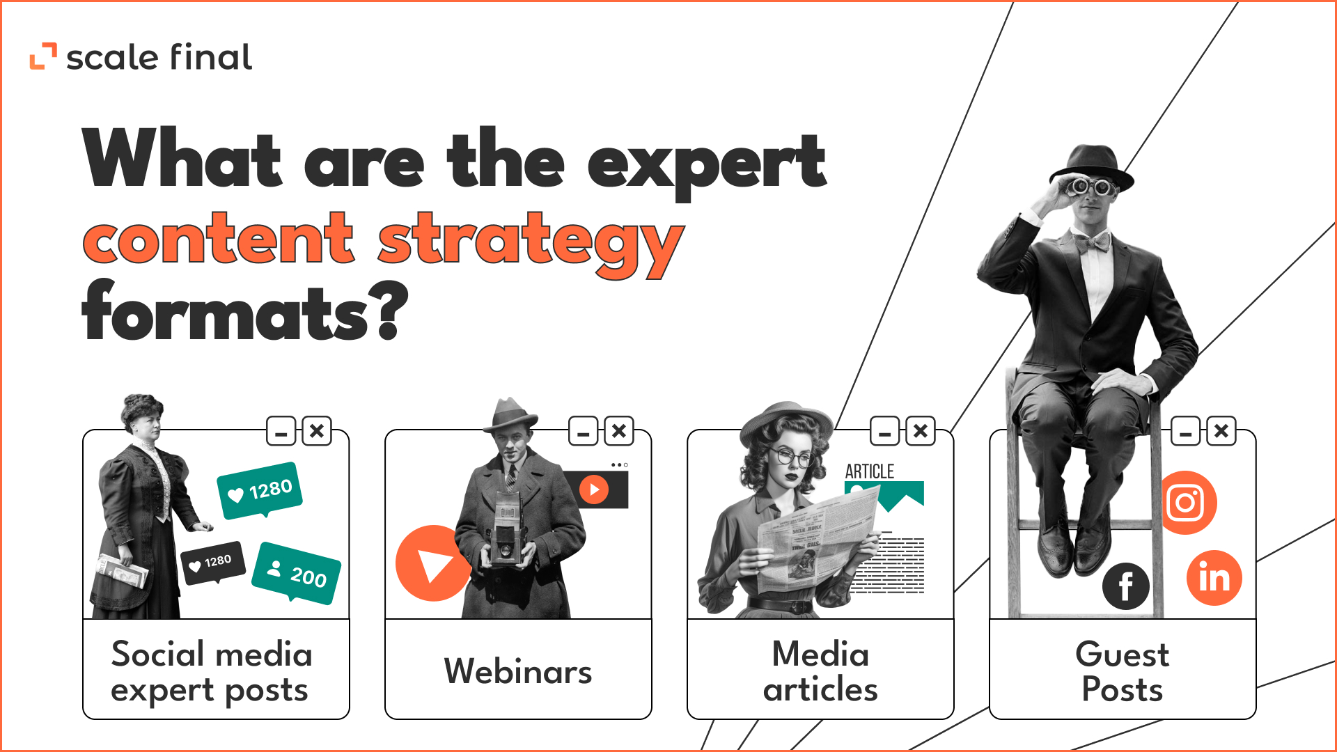 What are the expert content strategy formats? Social media expert postsWebinarsMedia articlesGuest Posts
