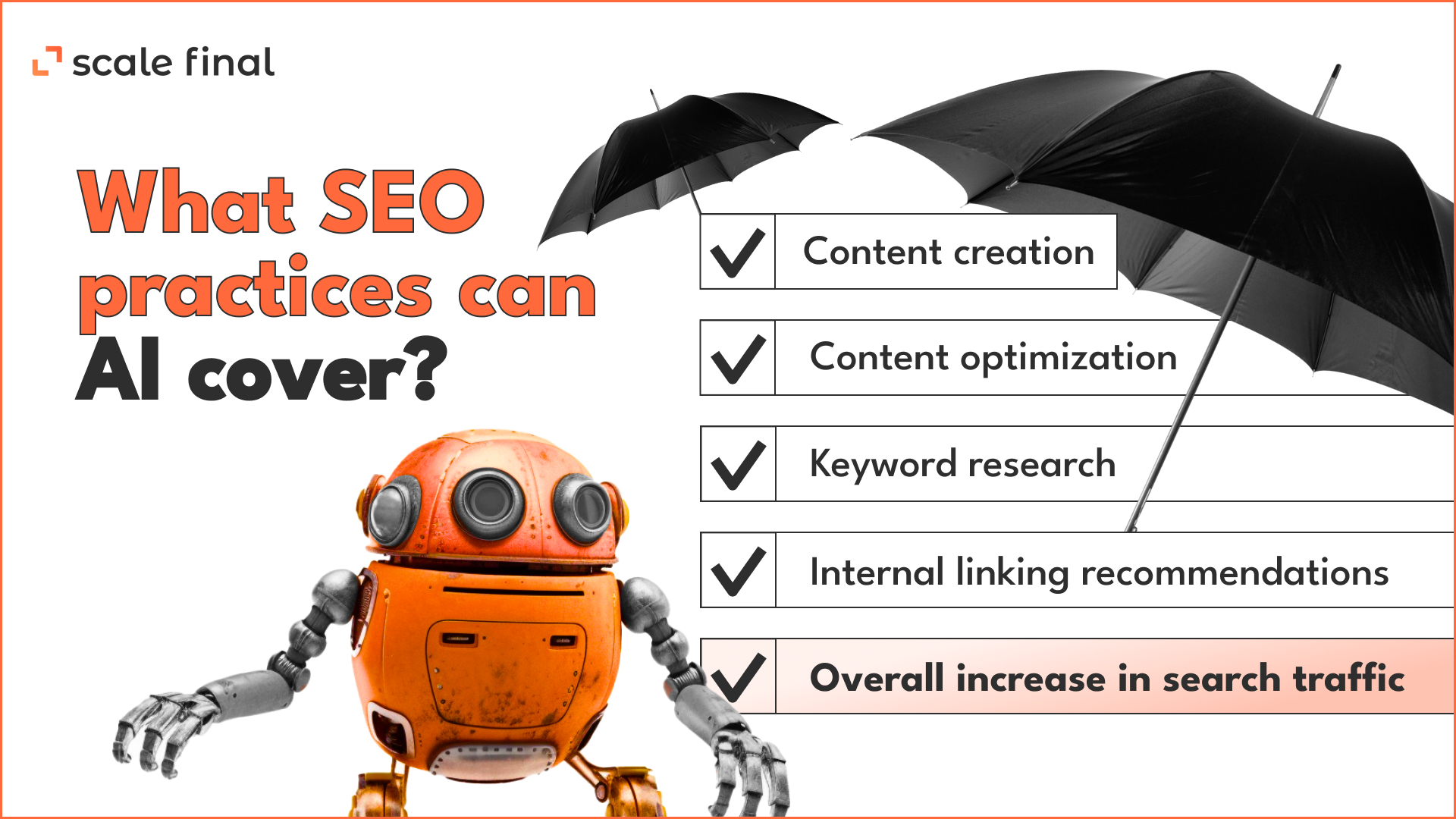 What SEO practices can AI cover?Content creation Content optimization Keyword researchInternal linking recommendationsOverall increase in search traffic 