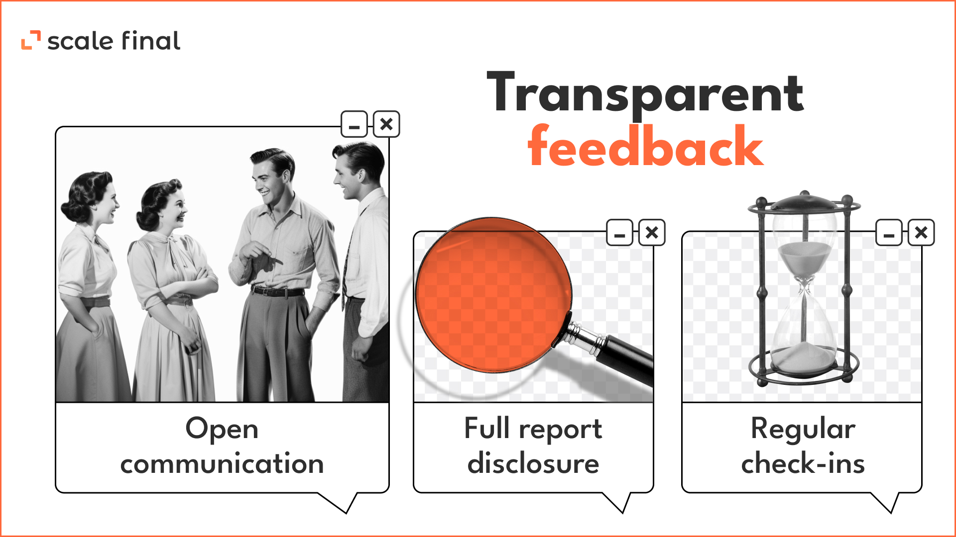 Transparent feedback: Open communicationFull report disclosureRegular check-ins