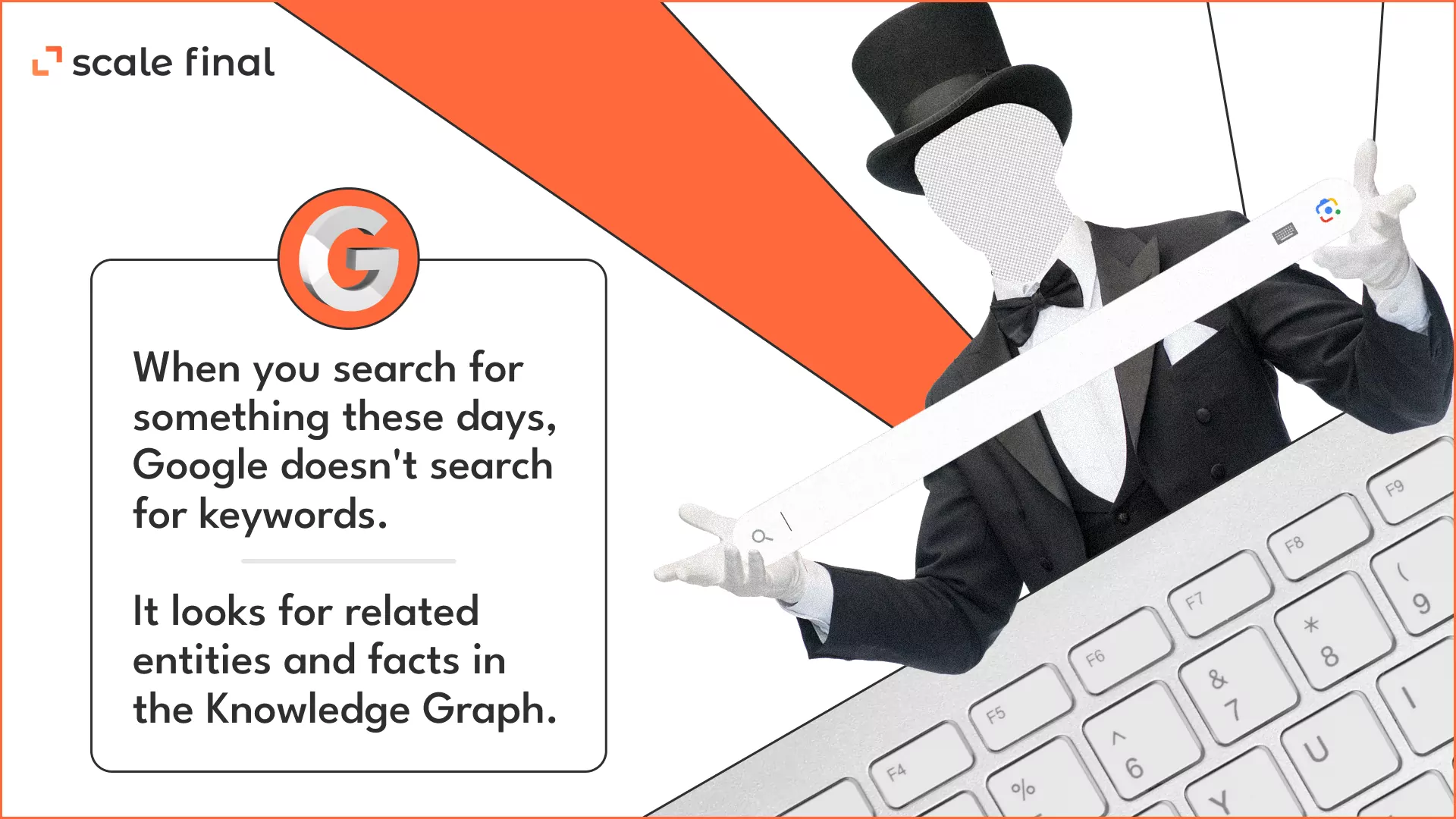 When you search for something these days, Google doesn't search for keywords. It looks for related entities and facts in the Knowledge Graph