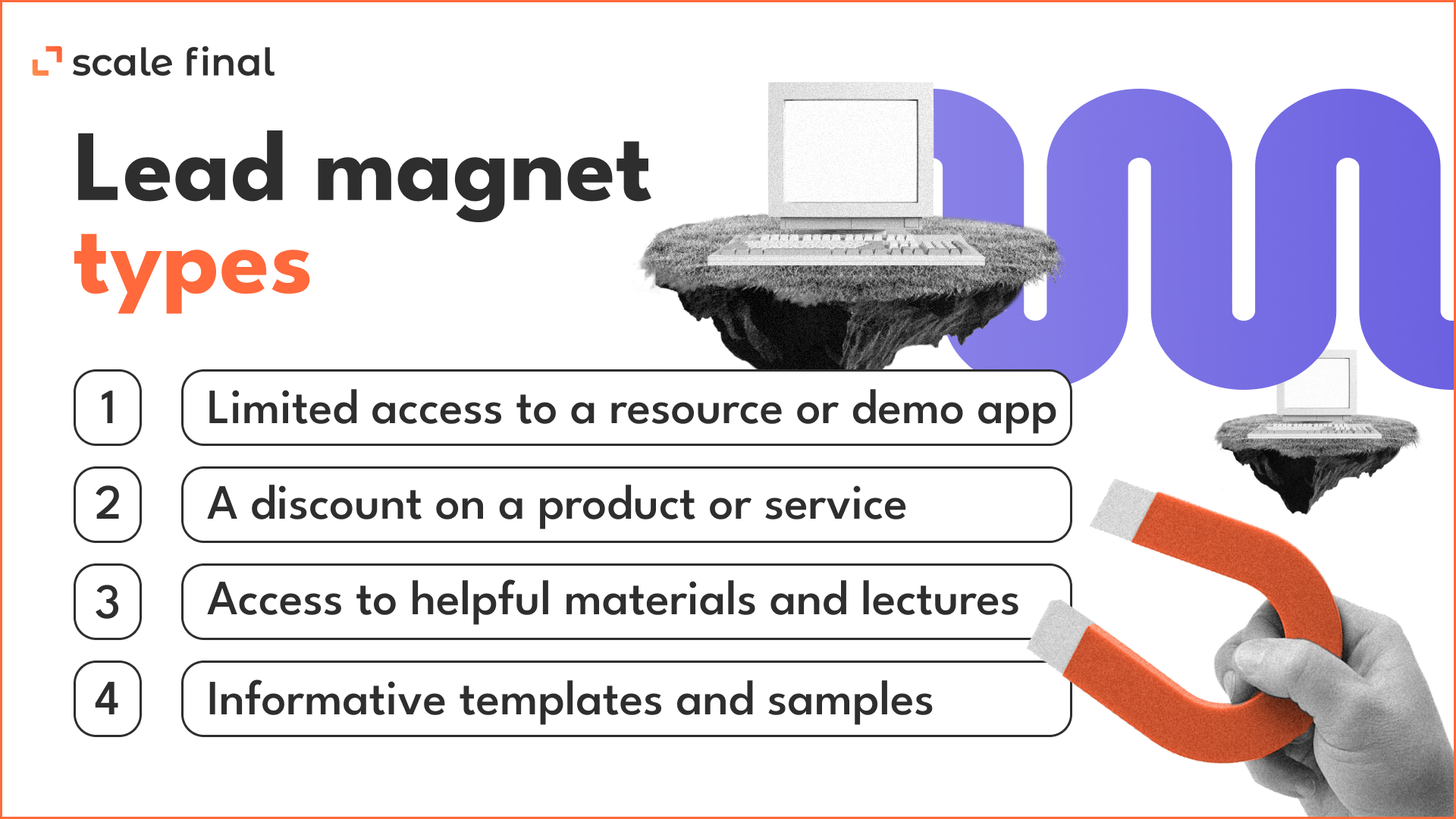 Lead magnet typeslimited access to a resource or demo app,a discount on a product or service,access to helpful materials and lectures,informative templates and samples.
